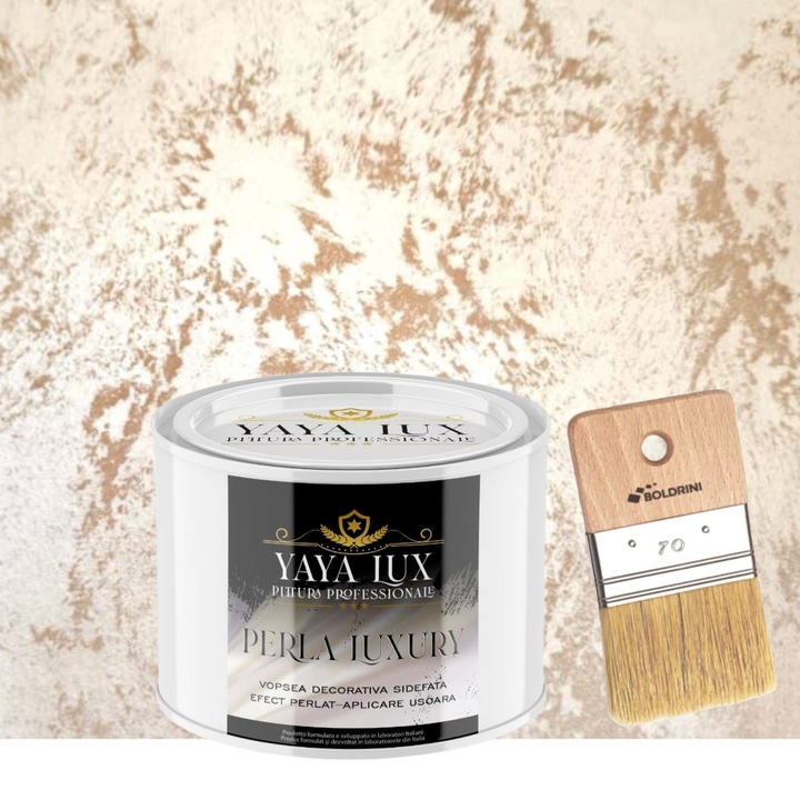 Vopsea decorativa de Lux, Perla Luxury cu Fulgi Perlati, Cafea cu Lapte, 0, 5 Litri si Pensula 70 mm, YaYa Color