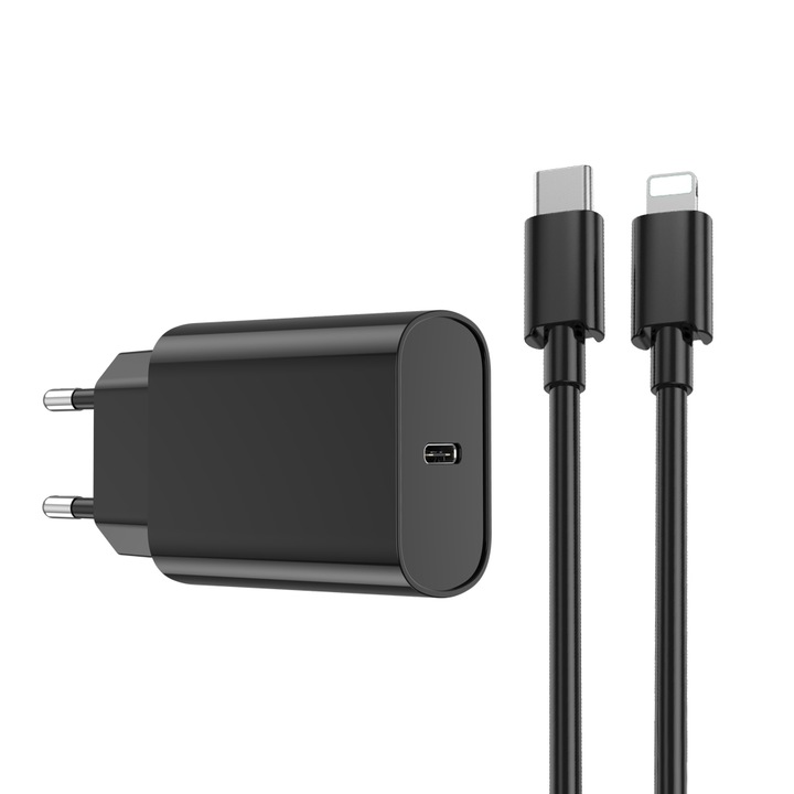 Wiwu Incarcator de Perete Wi-u001 Pd 20w 1x Usb-c Negru + Cablu Usb-c - Lightning