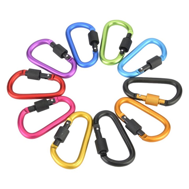 Set 10 carabiniere cu sistem de blocare, AMRINUGL, Aliaj de aluminiu, 75 x 42 mm, Multicolor