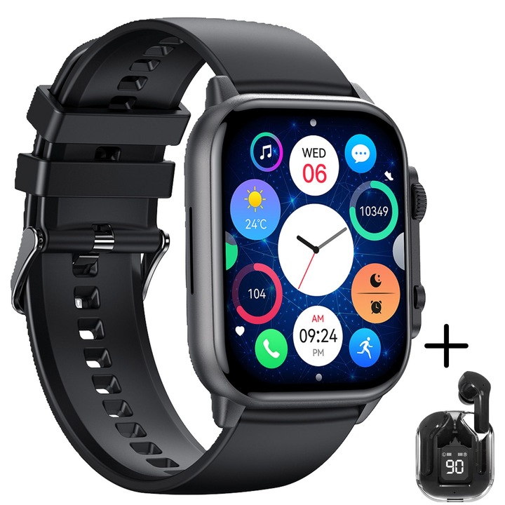 Ceas Smartwatch si Bratara Fitness, Ecran AMOLED 1.9", Apeluri, Notificari SMS/Social Media, Monitorizare, Ritm Cardiac, GPS, Player Muzica, Rezistent la Apa si Transpiratie, Autonomie 7 Zile, Compatibilitate Universala, Negru, casti wireless CADOU