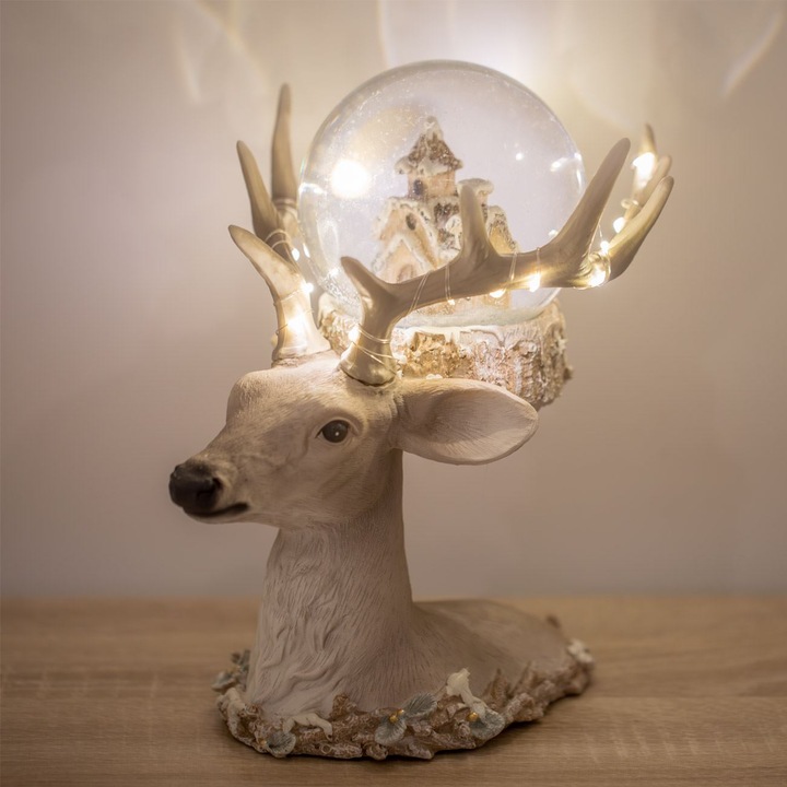 Figurina Craciun Ren cu LED si Glob din Sticla Casa Inzapezita 22cm Decoratiune de Masa Shopiens®
