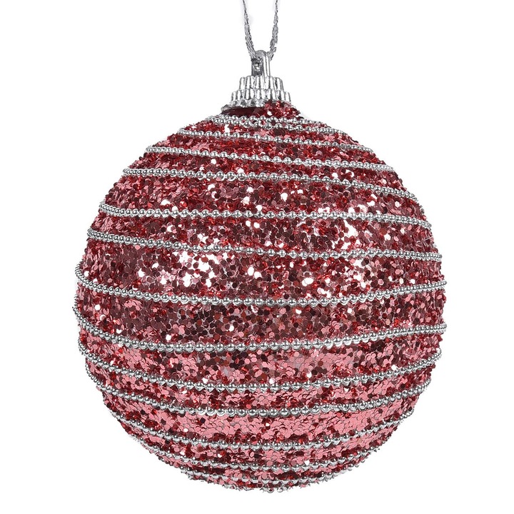 Glob Brad Craciun Model Sferic, Spuma, Glitter, Culoare Roz, Diametru 8cm, Siret Argintiu
