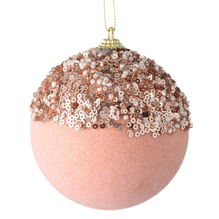 Ornament Brad Craciun, Glob Catifelat, Spuma, Roz, Paiete, 9 cm