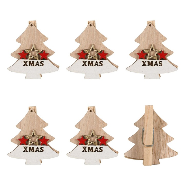 Clestisori Lemn Craciun, Model Brad si Stele, 5cm, Set 5 Bucati, Rosu Bej
