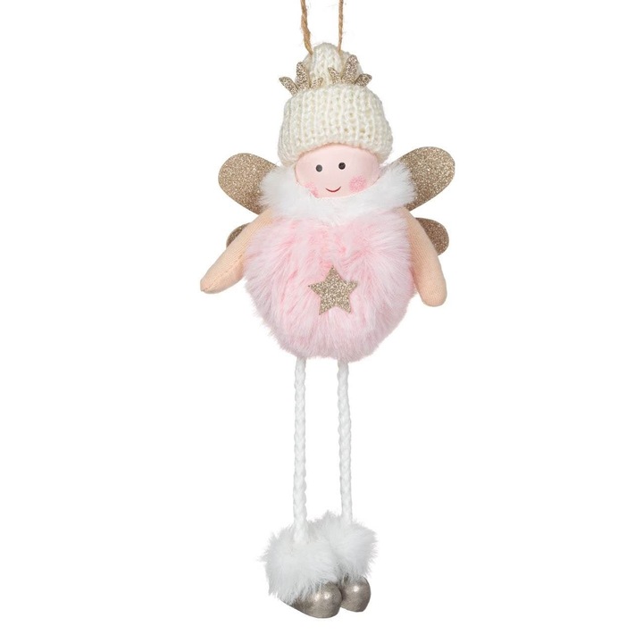 Ornament Brad Craciun, Ingeras, Lemn, Blana Roz, Aripi Glitter, Caciula Tricotata, 20 cm