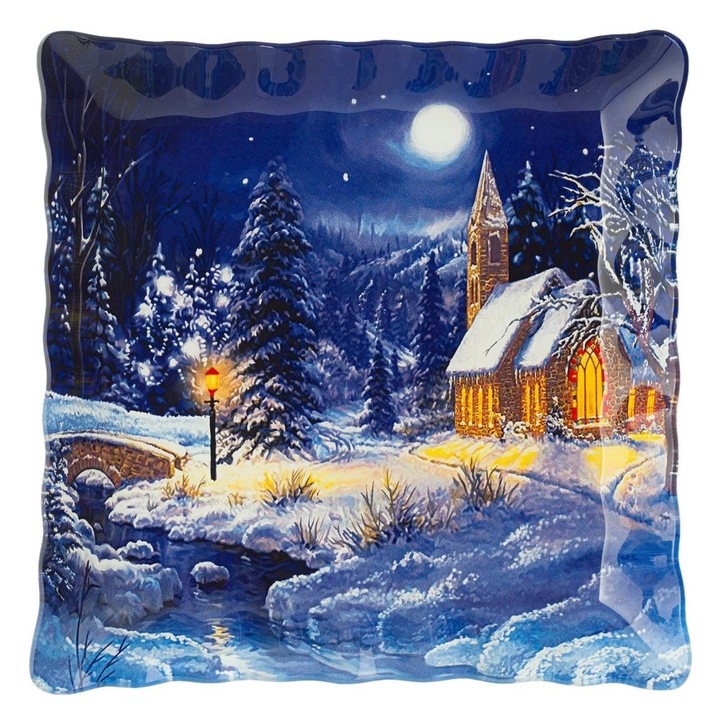 Farfurie Craciun, Model Noapte Albastra, Sticla, 25x25 cm, Albastra, Potrivita pentru Masina de Spalat Vase