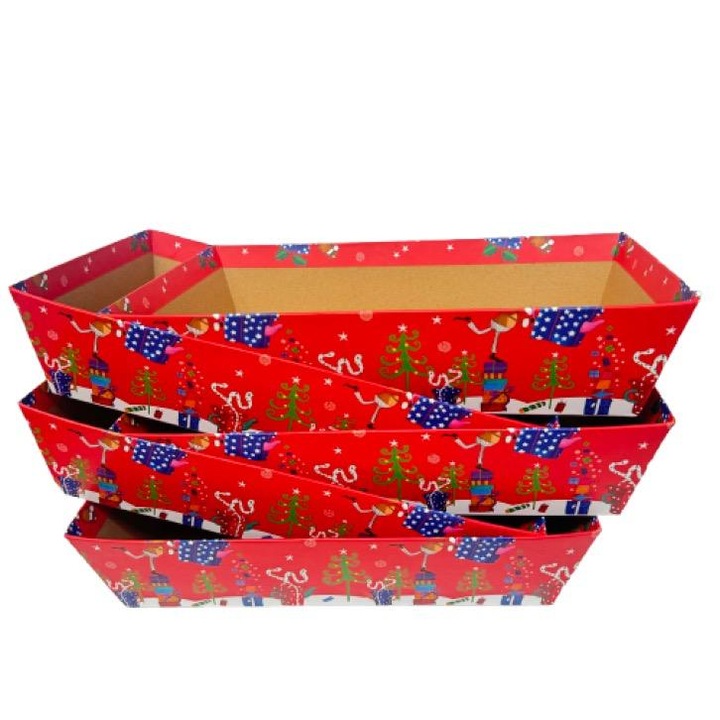 Set 5 cutii din carton, tip tava, 33 x 20 H 7.5cm, model Craciun