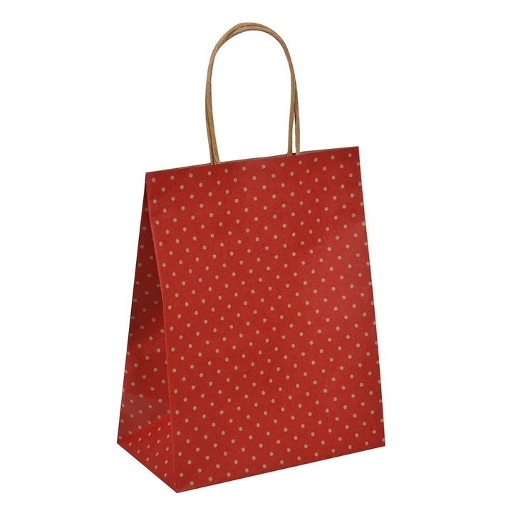 Punga Cadou Kraft, Model Buline, Culoare Rosu si Maro, Dimensiuni 18x10x23cm