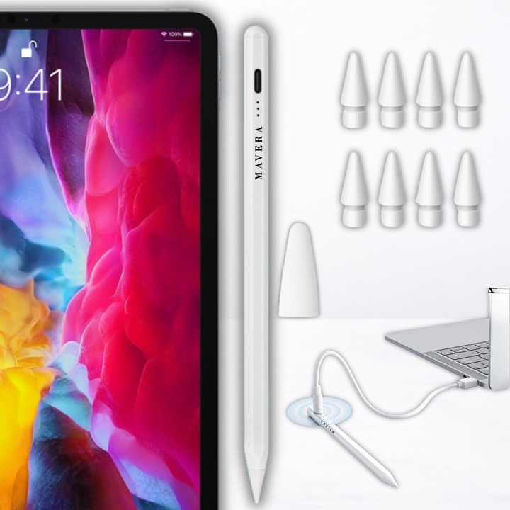Stylus Pen Profesional Premium MAVERA™, pentru iPad 2018-2026, cu 8 Varfuri Rezerva si Capac Protectie, Palm Rejection, Precizie Pixel, Incarcare USB-C Rapida, Autonomie Extinsa, Fixare Magnetica, Ideal pentru Desen Tehnic si Notite fara Lag