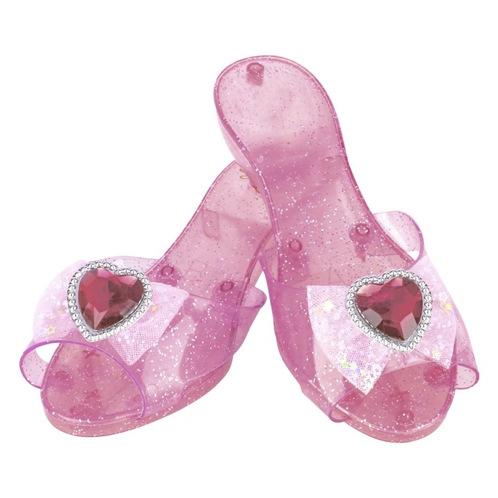 Обувки играчки, модел обувки на висок ток за момичета, розови със сребрист блясък и панделка сърце, размер 27, 1 чифт