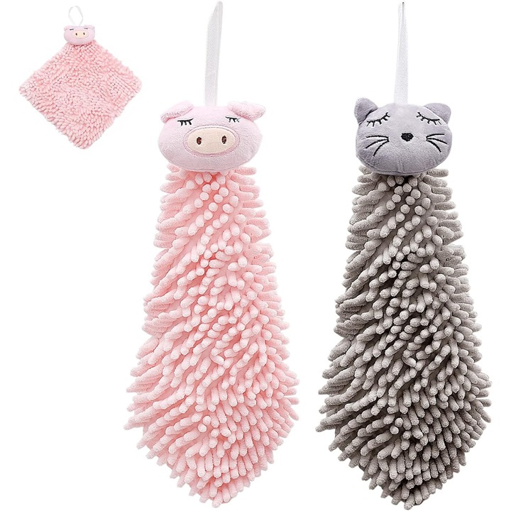 Set 2 prosoape de mana, model pisica si porcusor, avsorbante, multicolor, 45 cm