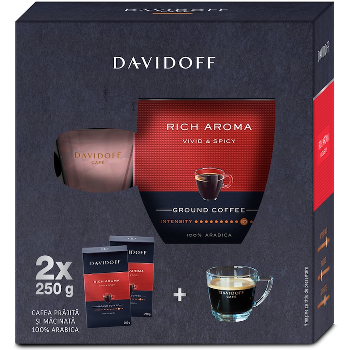 Комплект за печено, смляно и вакуумирано кафе Davidoff Cafe Rich Aroma 2x250 гр + Чаша за еспресо 85 мл