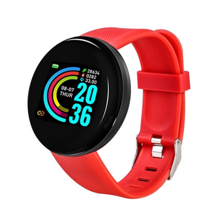 Смарт часовник D18, пулсомер, Bluetooth 4.0, червен/зелен, 43.5x36x12.3mm, пълен комплект