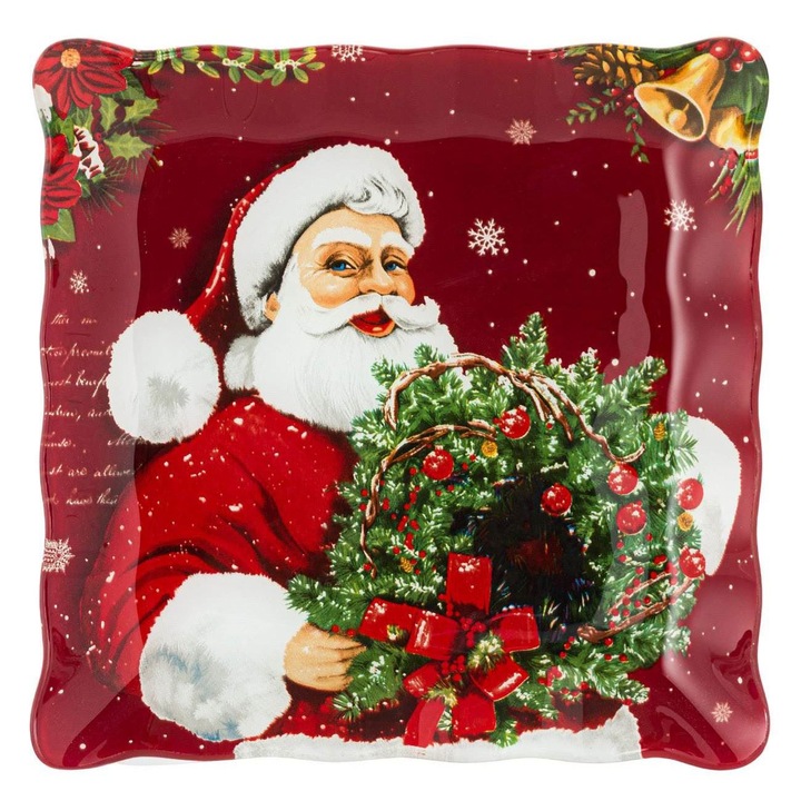 Farfurie de Craciun din Sticla pentru Desert Mos Craciun Coronita 17x17cm