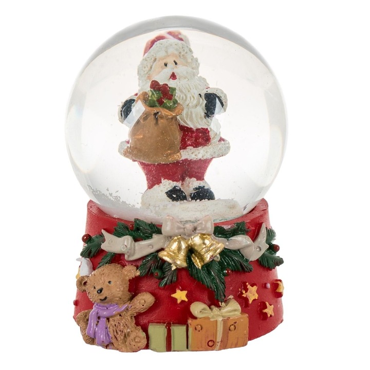Glob Lichid Decorativ de Craciun, Sticla-Ceramica, 4x6cm, Transparent-Rosu, Mos Craciun Pe Baza Cu Cadouri, Ursulet, Clopotei Aurii