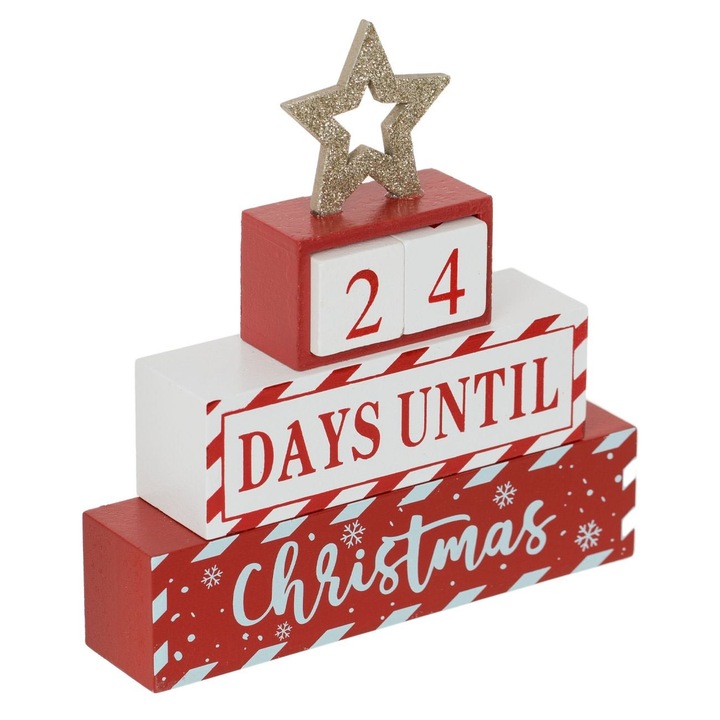 Calendar Numaratoarea Inversa Craciun, Model Lemn, Culoare Rosu Alb, Dimensiuni 18x4x19cm