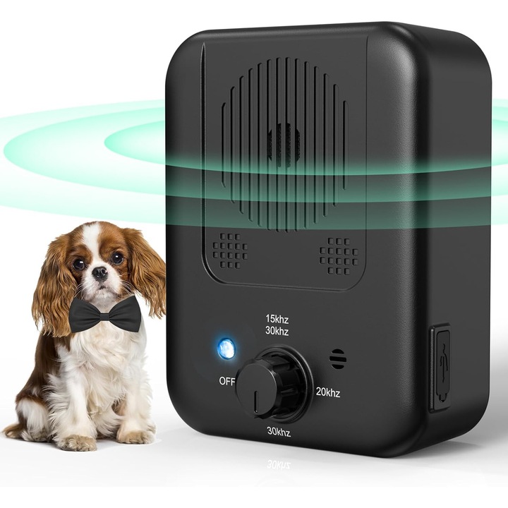 Уред против лай за кучета, 3 честотни нива, 10м контрол, преносим, IP4 защита