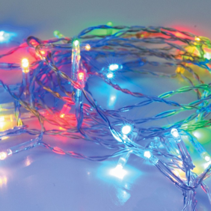 Инсталация за LED осветление, модел 20 крушки, програма 8 функции, дължина 2,20 м, многоцветен, прозрачни кабели, захранване 3 батерии AA