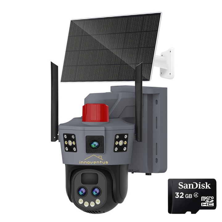 Camera de supraveghere dubla 4G INNOVENTUS® PRO 9MP, Incarcare solara, Ultra HD, 5X zoom, rotire, leduri lumina, comunicare bidirectionala, alarma, senzor miscare, Negru