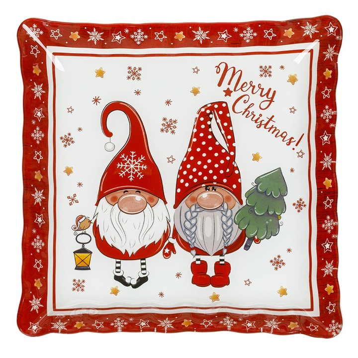 Farfurie din Sticla Decorativa de Craciun Figuri Gnome 30x30cm