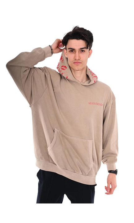 Hanorac unisex, design buze, bej, one size, 85% bumbac 15% poliester