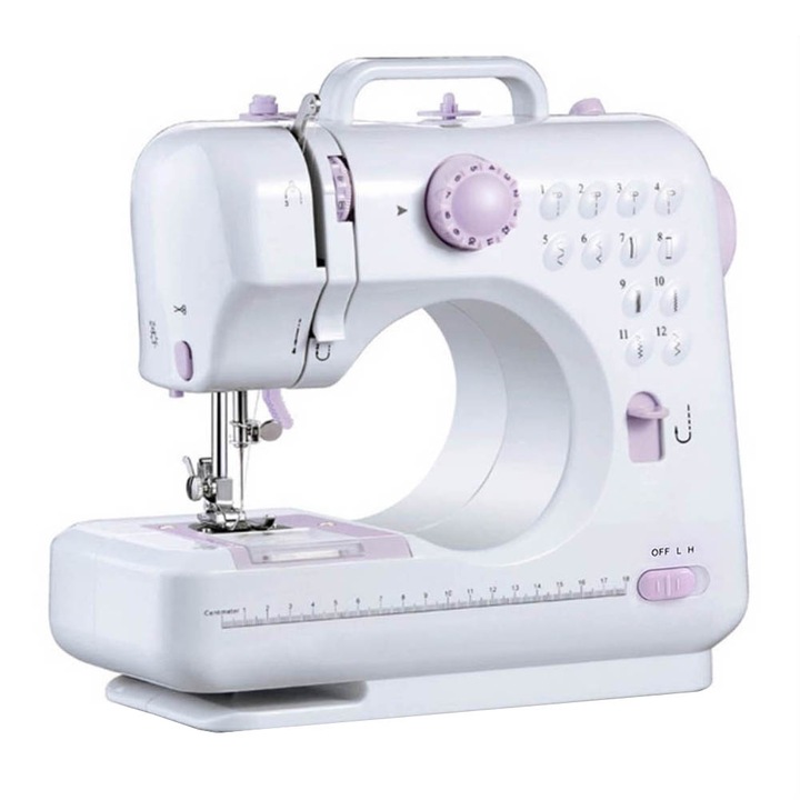 Mini masina de cusut Timeless Tools, 12 modele diferite de cusaturi, 2 trepte de viteza, Compacta si portabila, Cu accesorii, 26 x 27 x 12 cm