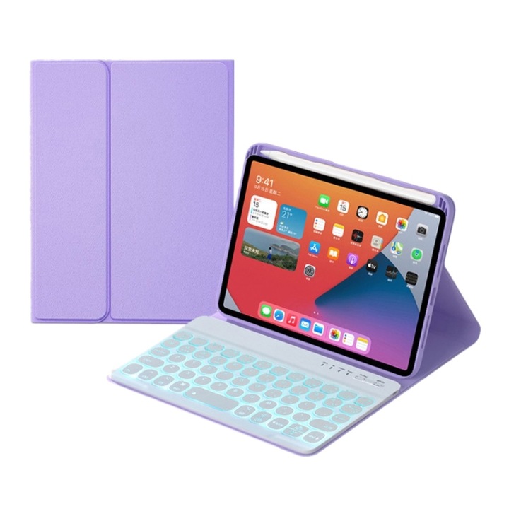 Husa cu tastatura compatibila iPad cu taste rotunde detasabile, iluminare colorata, suport compatibila iPad mini 6, Bluetooth, piele PU, mov deschis