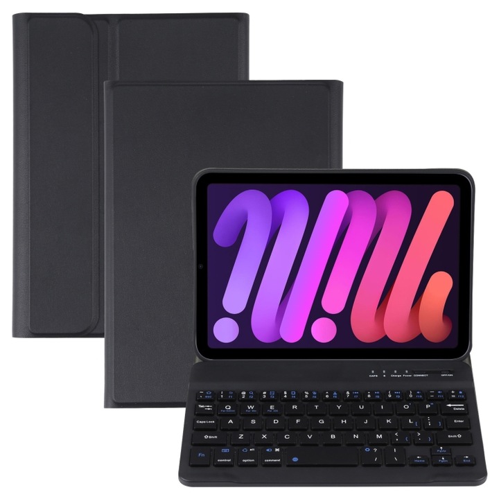 Husa cu tastatura iPad, TPU Bluetooth din piele ultra-subtire, stand, iPad mini 6, textura detasabila din piele de miel, negru
