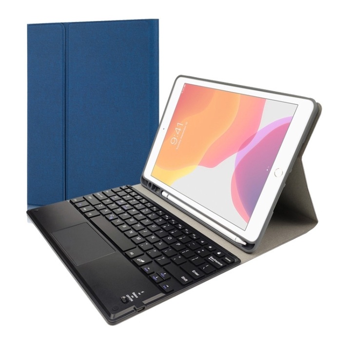 Husa cu tastatura iPad + touchpad, model de matase TPU, Bluetooth magnetic detasabil, slot pentru creion si suport compatibila iPad Air 2020, albastru