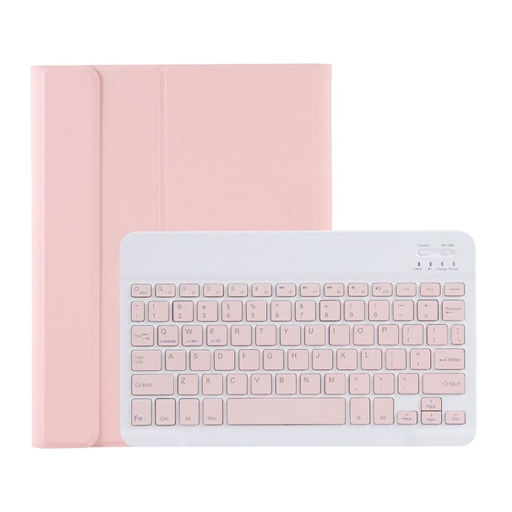 Husa cu tastatura compatibila iPad, textura de piele, Bluetooth 5.3, suport pentru creion, iPad Air 4 109 2020 / Air 5 109 2022, culoare roz dulce