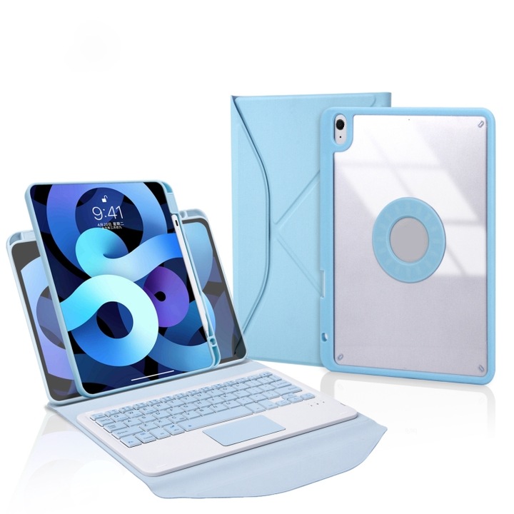 Husa cu tastatura iPad cu slot pentru pix, touchpad, Bluetooth, capac din piele albastru deschis compatibila iPad Air 109 2022/2020, Z098B-A