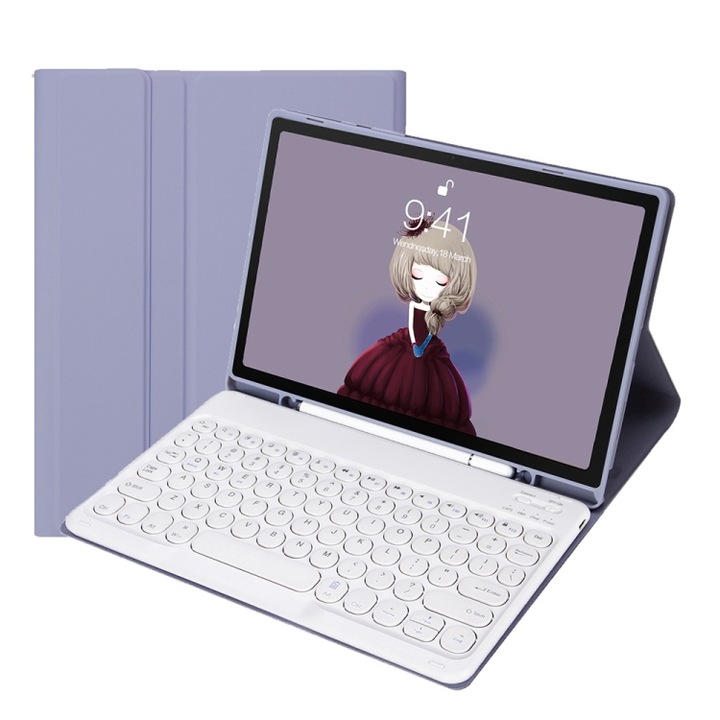Borító iPad kompatibilis billentyűzettel, bőr textúra, kerek gombok, Bluetooth, levehető, lila színű, kompatibilis iPad 97 hüvelykes 2018/2017, Pro 97, Air 2, Air