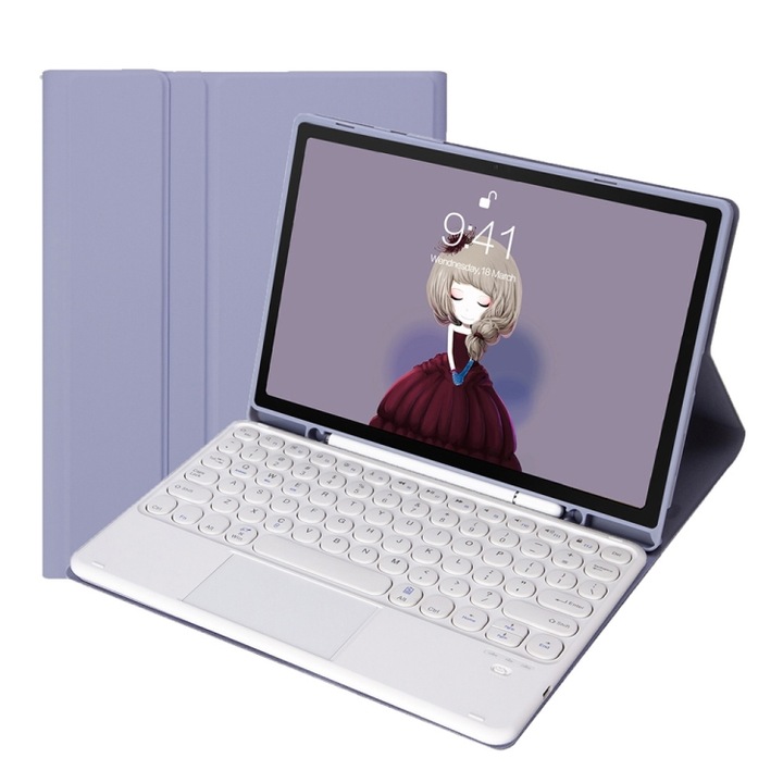 Husa cu tastatura compatibila iPad, textura din piele in culori pastelate, capace de taste rotunde, control tactil, Bluetooth, iPad 102/Air/Pro 105 inch, mov