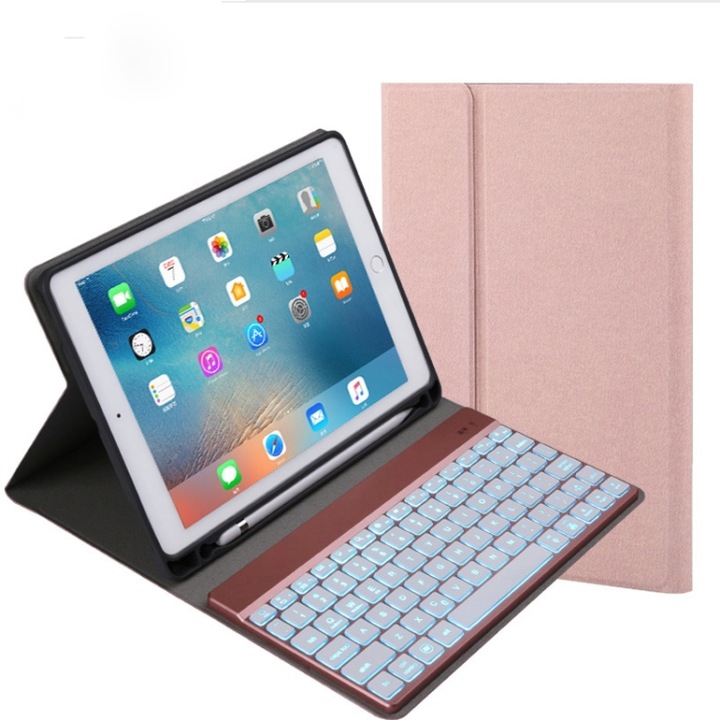 Husa cu tastatura compatibila iPad cu suport, iluminare colorata de fundal, Bluetooth 5.3 si USB-C, compatibila iPad Pro, Air, 97 inch, 2017, 2018, detasabila, auriu sampanie