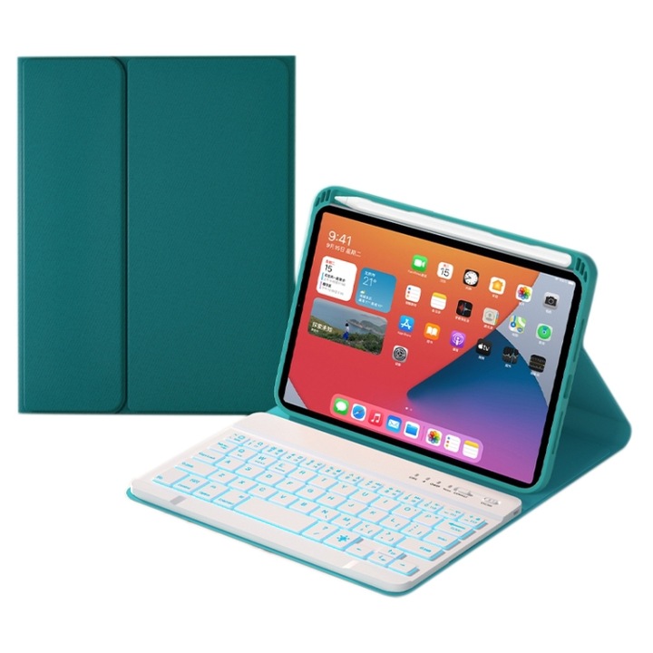 Husa cu tastatura compatibila iPad cu taste patrate detasabile, Bluetooth, retroiluminare colorata, suport pentru tableta, compatibila iPad Mini 6, verde inchis