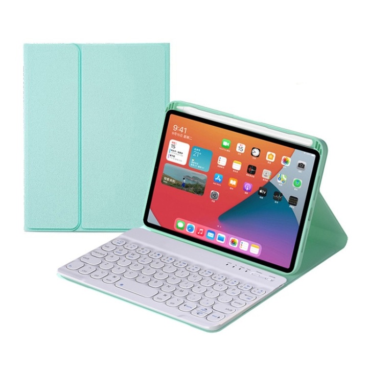 Husa cu tastatura compatibila iPad cu taste rotunde, tastatura Bluetooth detasabila, suport compatibila iPad mini 6, verde menta