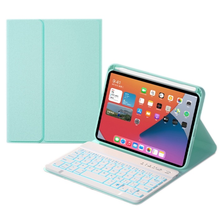 Husa cu tastatura compatibila iPad cu taste patrate, design detasabil, conectivitate Bluetooth, piele de culoare solida, iluminare colorata de fundal, suport compatibila iPad mini 6, verde menta