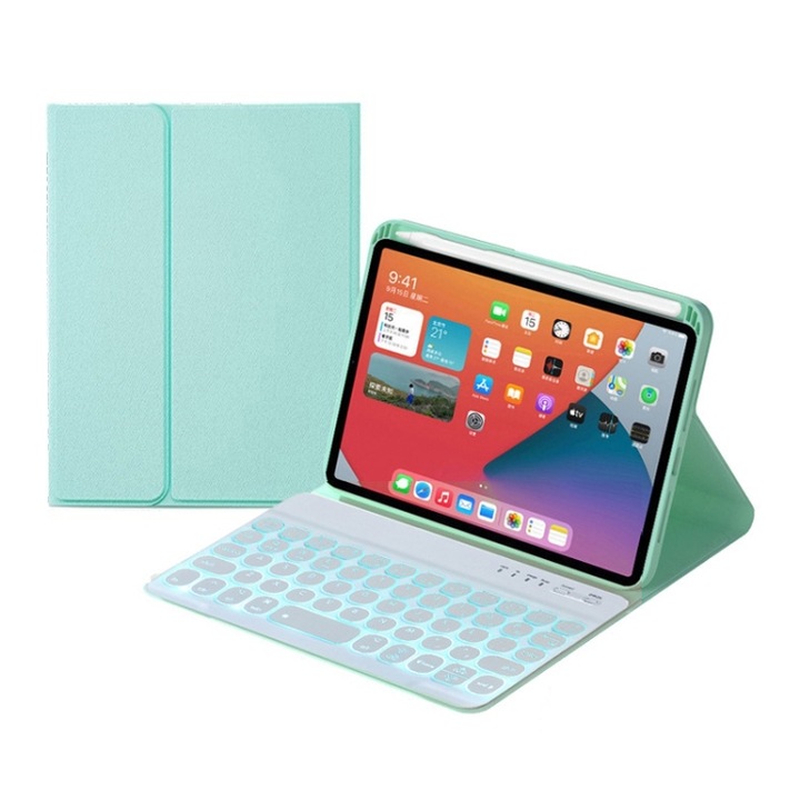 Husa cu tastatura compatibila iPad cu taste rotunde detasabile, conectivitate Bluetooth, iluminare colorata in spate, suport compatibila iPad mini 6, in verde menta
