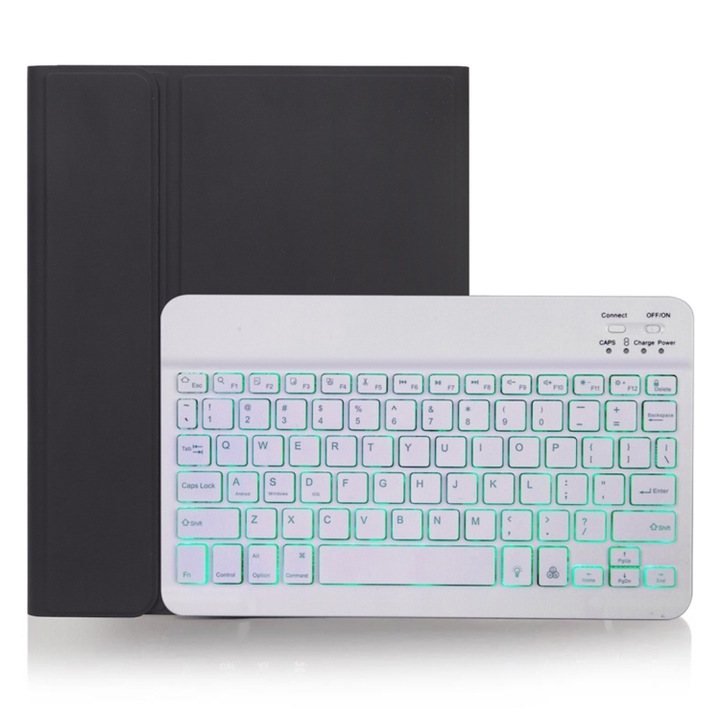 Husa cu tastatura compatibila iPad cu tastatura Bluetooth detasabila, textura simpla, compartiment pentru pix, iluminare din spate, compatibila iPad Pro 11 inch 2020 / 2018, negru