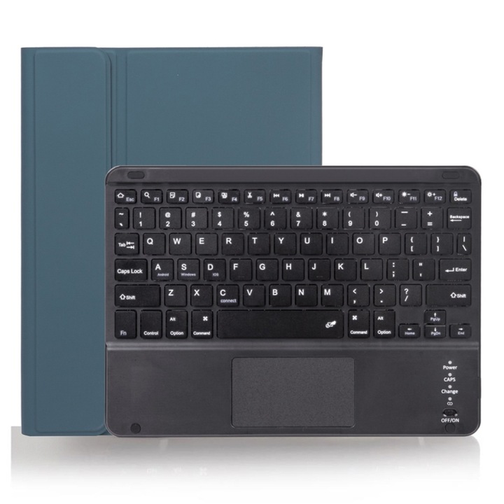 Husa cu tastatura compatibila iPad Pro 11, tastatura detasabila Bluetooth, touchpad, slot pentru stylus, design texturat simplu in verde inchis