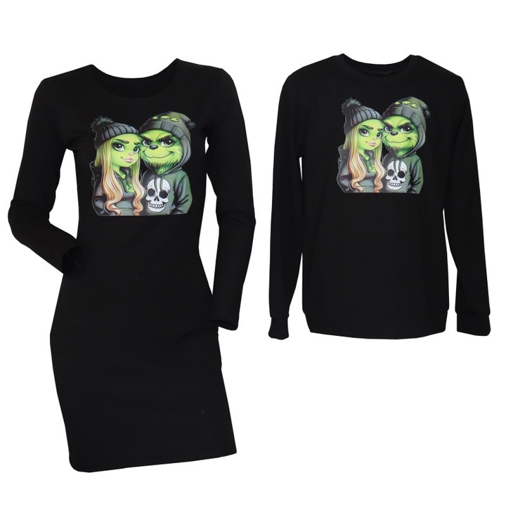 Set cuplu, negru cu imprimeu Grinch, marimea L dama si S barbat