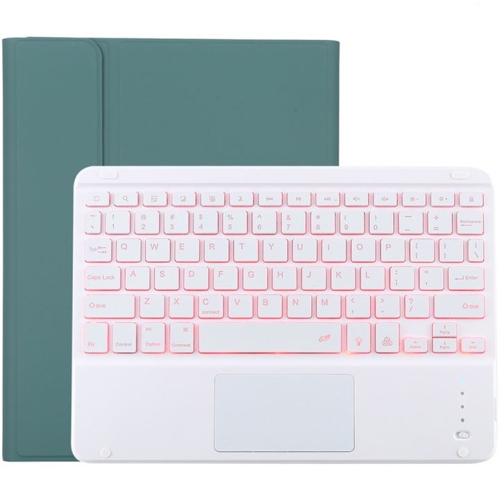 Husa cu tastatura compatibila iPad, tastatura alb + husa din piele compatibila iPad 102/Air, touchpad, iluminare din spate, suport pentru stilou, suport, verde inchis