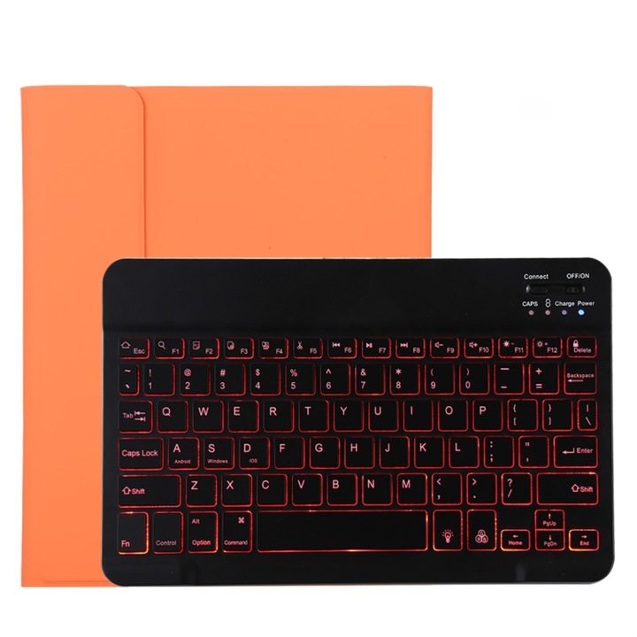 Husa cu tastatura iPad, Bluetooth detasabila, negru, compatibila iPad Pro 11 inch, 2020, lumini de fundal & slot pentru stilou, portocaliu