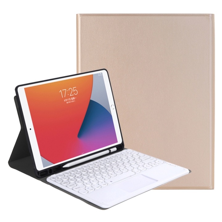 Husa cu tastatura din piele compatibila iPad cu control tactil si slot pentru creion si suport, textura de piele de miel detasabila, capace de taste rotunde, Bluetooth 5.3, iPad Pro 11, 2021, auriu