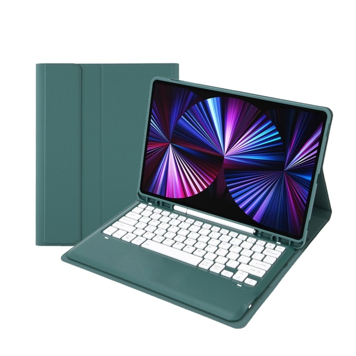Husa cu tastatura compatibila iPad, slot detasabil pentru creion, tastatura Bluetooth, compatibila iPad Pro 12, 9 inch 2021/2020/2018, verde inchis