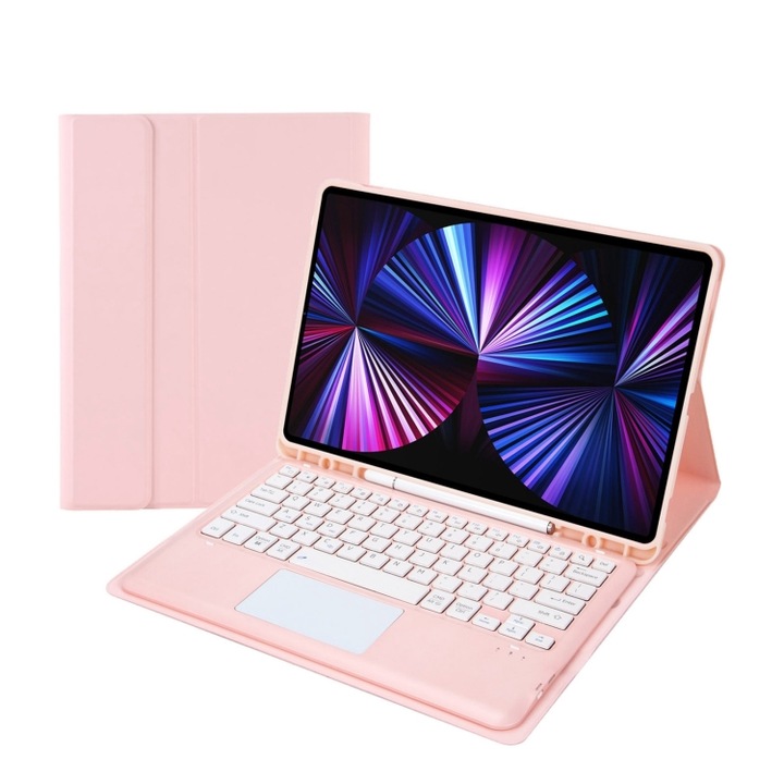 Husa cu tastatura compatibila iPad Pro 129, T12B-A detasabila, touch pad, Bluetooth, husa de piele, 2021/2020/2018, roz
