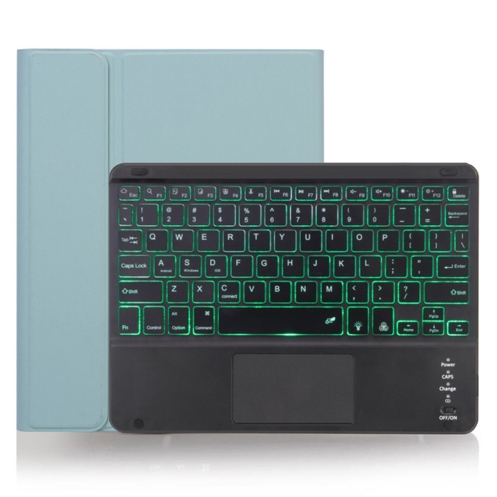 Husa cu tastatura compatibila iPad Pro de 11 inch, design texturat de piele, tastatura detasabila Bluetooth cu touchpad, suport pentru stilou, iluminare de fundal, verde