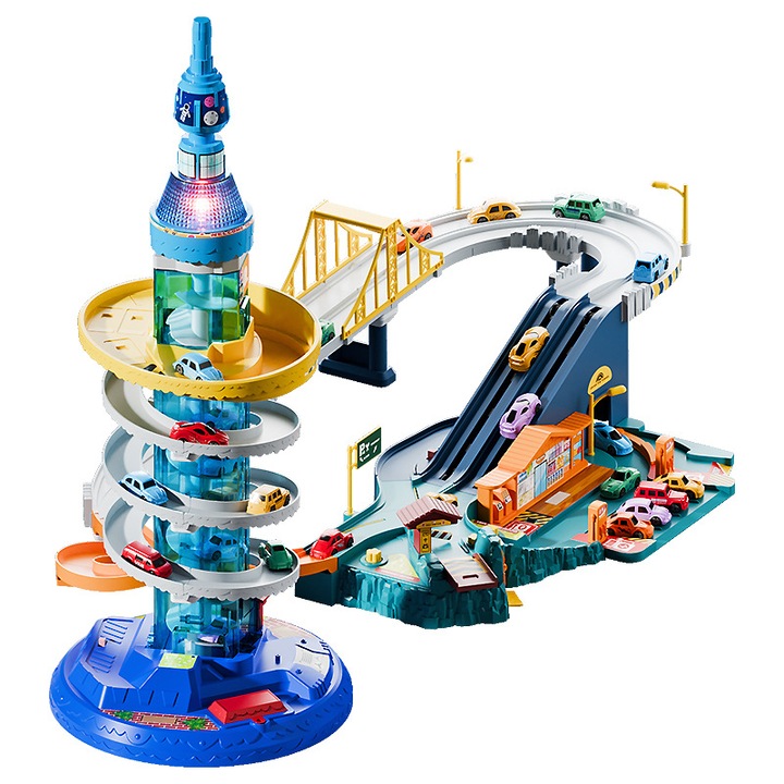 Pista electrica pentru copii, cladire rotativa, autostrada, 8 masini, muzica, splice 2 in 1, multicolor