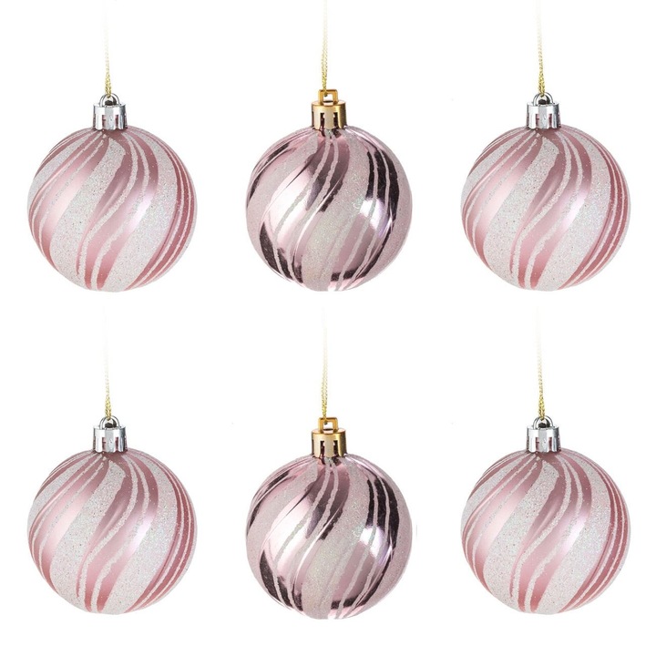 Set Globuri Craciun Casa Vivante, Capri, Roz Mat si Lucioase, Glitter, 6 bucati, Diametru 6 cm