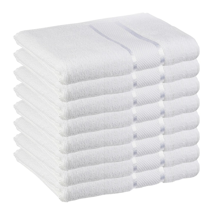 Комплект от 8 кърпи за баня и лице Teno®, за жилището/хотела/пътуване, плътност 420g/m², египетски десен, 100% памук, размери 70x130 см, бели